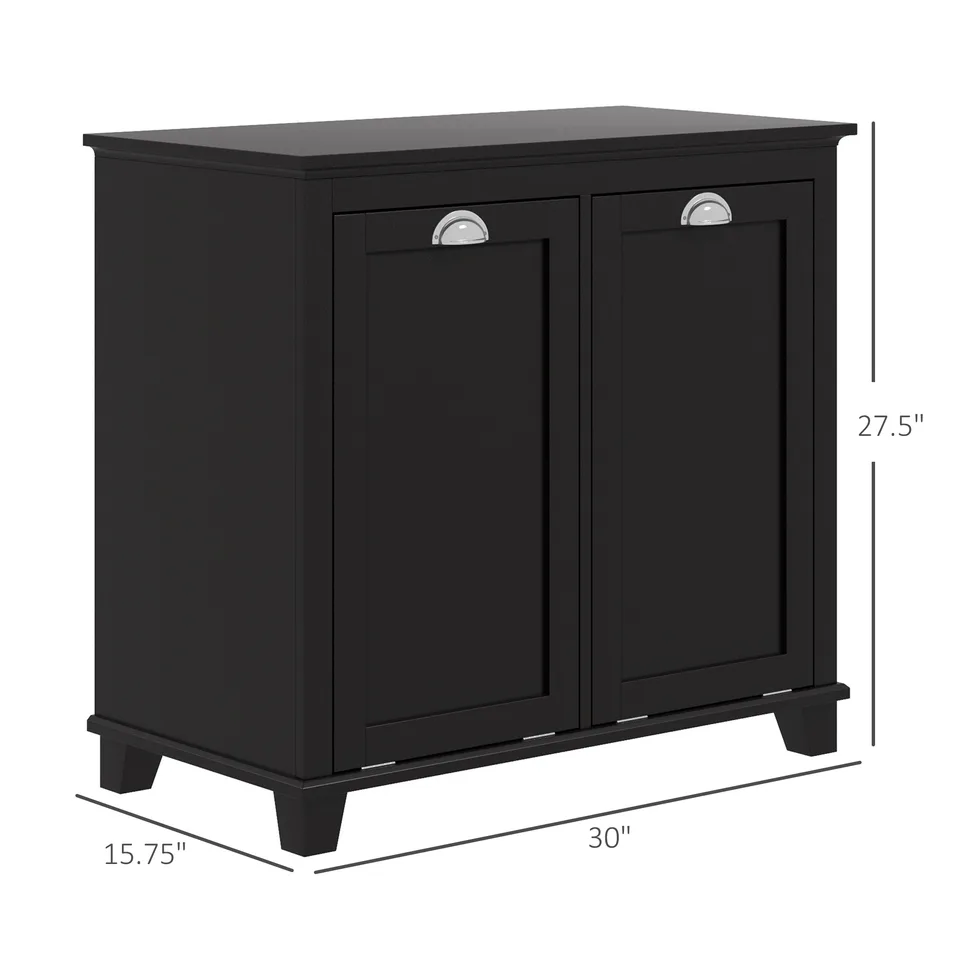 Bathroom Storage Cabinet, Tilt-Out Laundry Hamper with 2 Compartments, Black view 2