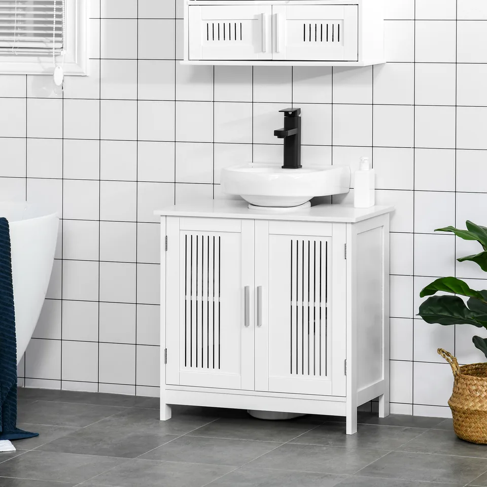 Bathroom Under Sink Cabinet Vanity Unit with Adjustable Shelf Space Saver, White view 3