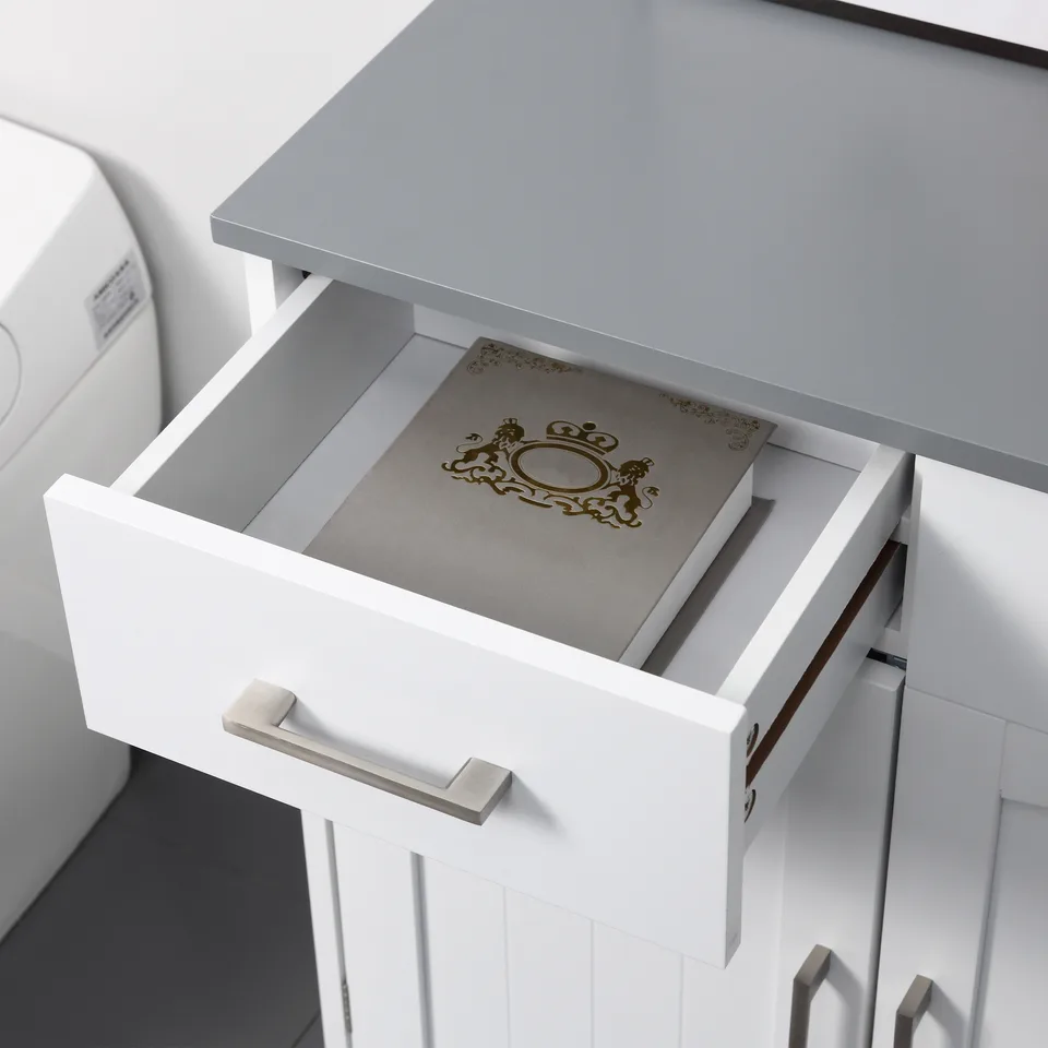 Bathroom Floor Cabinet, Freestanding Linen Cabinet, Storage Cabinet with 2 Drawers, Double Doors, Adjustable Shelf, White view 2