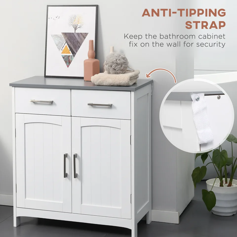 Bathroom Floor Cabinet, Freestanding Linen Cabinet, Storage Cabinet with 2 Drawers, Double Doors, Adjustable Shelf, White view 3