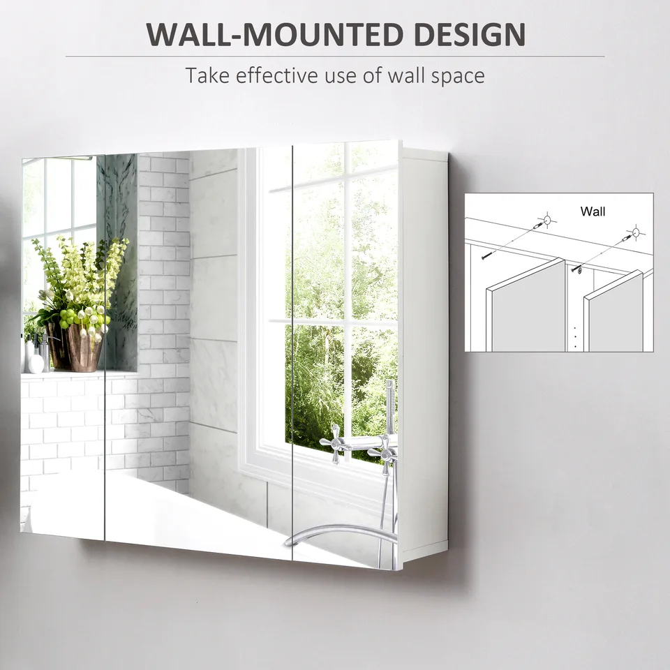 Wall Mounted Mirror Cabinet, Bathroom Medicine Cabinet with Mirror, 3 Doors and Adjustable Shelves, White view 3