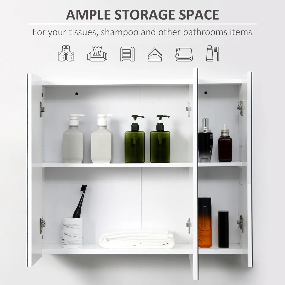 Wall Mounted Mirror Cabinet, Bathroom Medicine Cabinet with Mirror, 3 Doors and Adjustable Shelves, White view 2