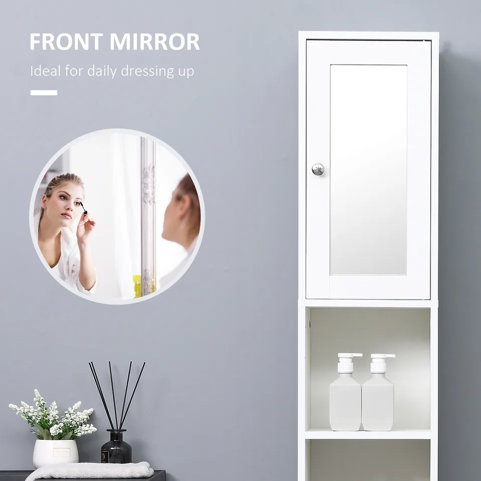 Tall Bathroom Storage Cabinet with Mirror, Wooden Freestanding Tower Cabinet with Adjustable Shelves for Bathroom or Living Room, White view 2