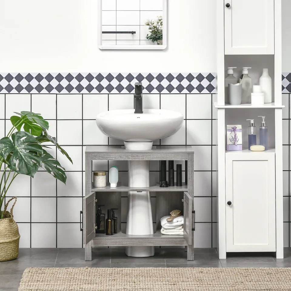 Pedestal Sink Storage Cabinet, Bathroom Under Sink Cabinet with 2 Doors and Open Shelf, Bathroom Vanity, Gray view 2