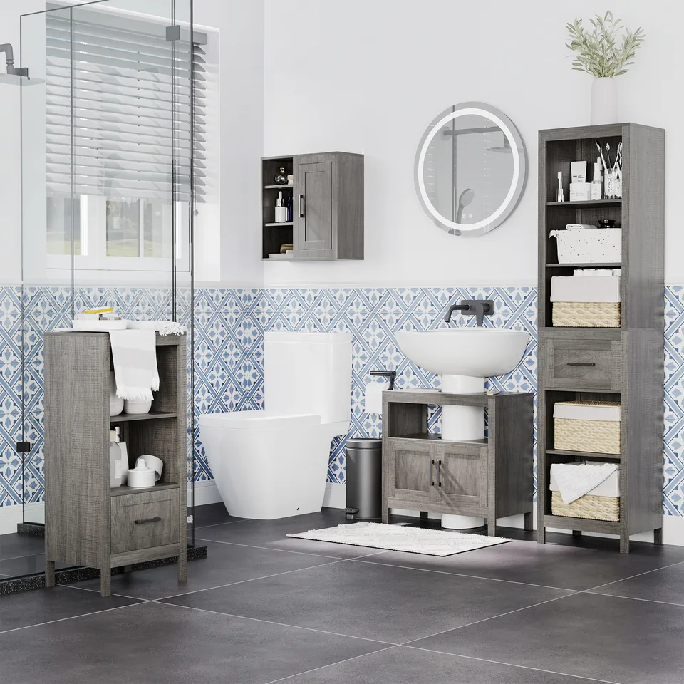 Pedestal Sink Storage Cabinet, Bathroom Under Sink Cabinet with 2 Doors and Open Shelf, Bathroom Vanity, Gray view 3