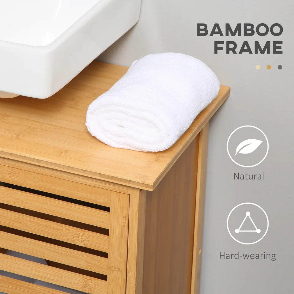 Freestanding Bathroom Sink Cabinet, Bamboo Under Sink Cabinet Cupboard Organizer with 2 Slatted Doors, Natural view 3