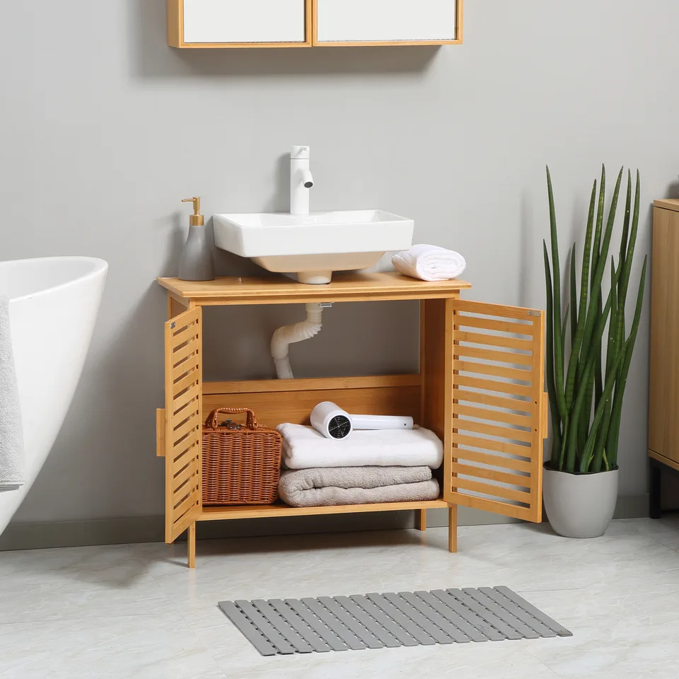 Freestanding Bathroom Sink Cabinet, Bamboo Under Sink Cabinet Cupboard Organizer with 2 Slatted Doors, Natural view 2
