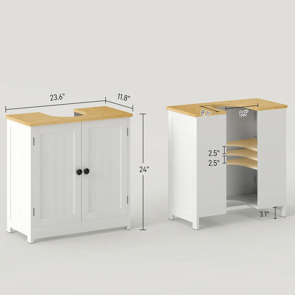 Bathroom Vanities Under Sink Storage Cabinet Cupboard with 2 Doors, 23.5" x 11.75" x 24", White view 2