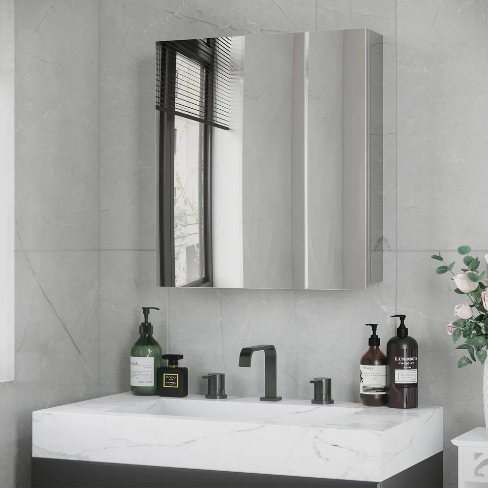 Wall Mounted Bathroom Medicine Cabinet with Hinged Door Storage Shelves for Living Room and Laundry Room Silver
