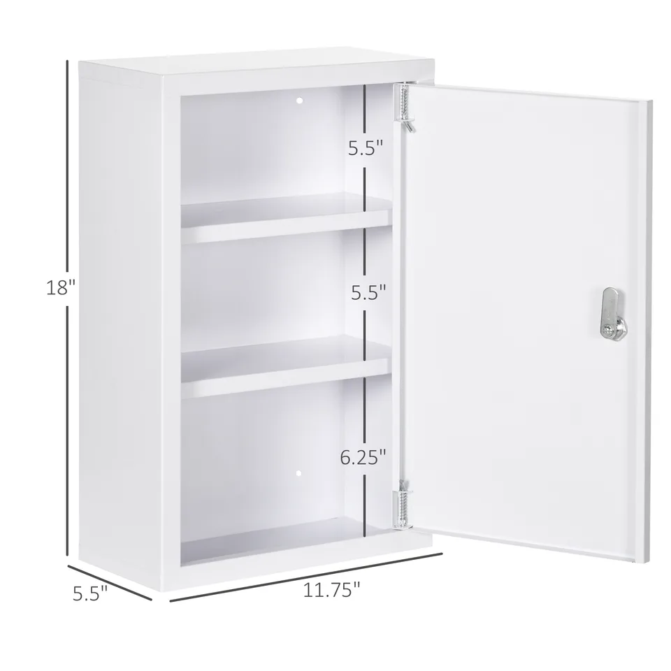 12" x 18" Lockable Medicine Cabinet, 3 Tier Steel Medical Wall Box with 2 Keys and Shelves for Bathroom, White view 3