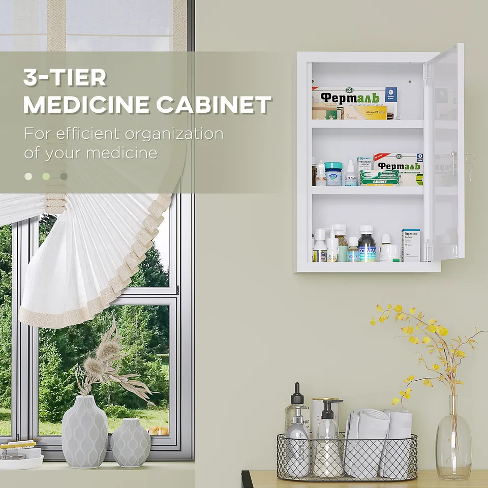 12" x 18" Lockable Medicine Cabinet, 3 Tier Steel Medical Wall Box with 2 Keys and Shelves for Bathroom, White view 2