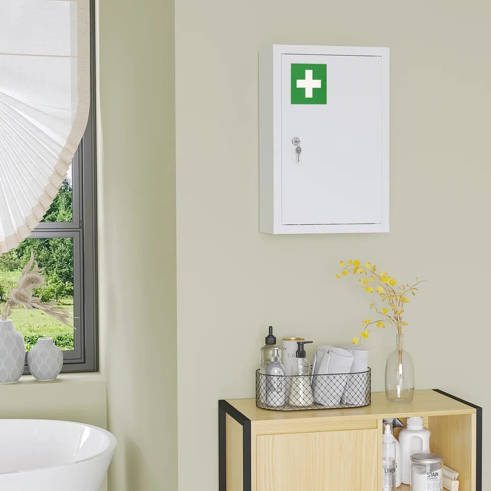 12" x 18" Lockable Medicine Cabinet, 3 Tier Steel Medical Wall Box with 2 Keys and Shelves for Bathroom, White view 4