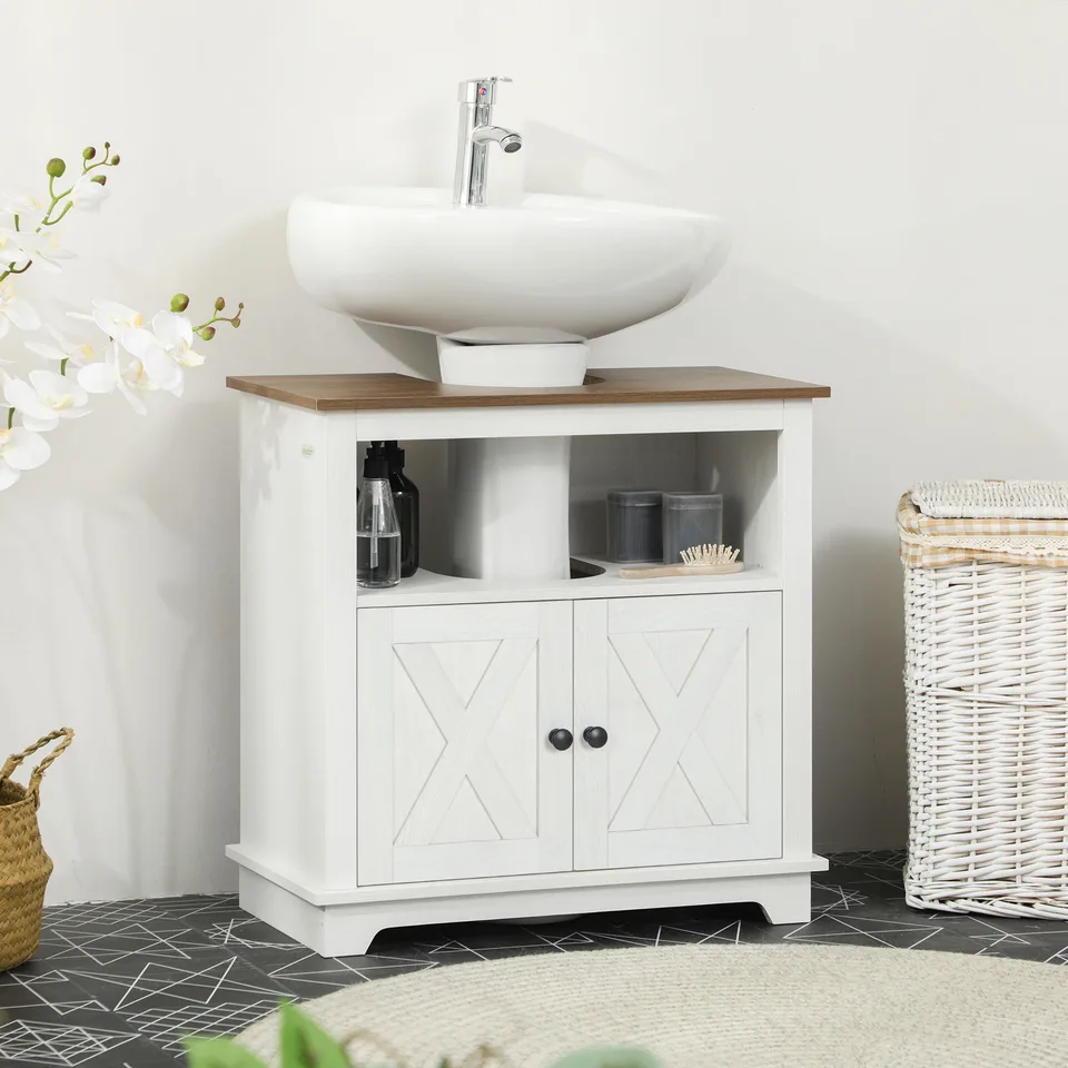 Modern Farmhouse Bathroom Sink Cabinet, Pedestal Sink Storage Cabinet with Double Doors and Shelves, White