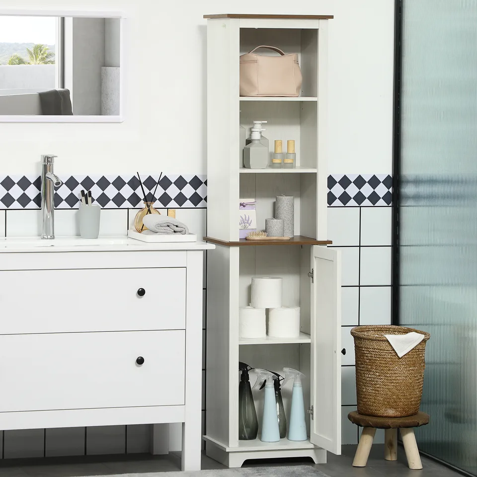 Farmhouse Bathroom Cabinet, Tall Storage Cabinet with Door and Adjustable Shelves, 15.5" x 11.75" x 63", White view 3