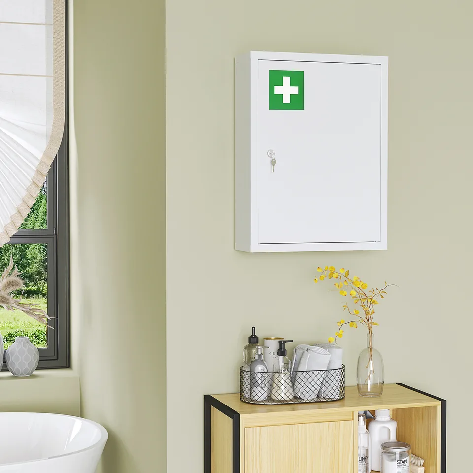 16" x 21" Lockable Medicine Cabinet, 3 Tier Steel Medical Wall Box with 2 Keys and Shelves for Bathroom, White view 3