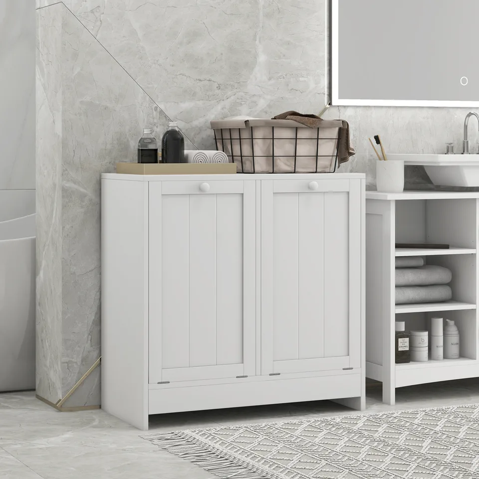 Tilt-out Laundry Storage Cabinet with 2 Compartment Hampers, White view 2