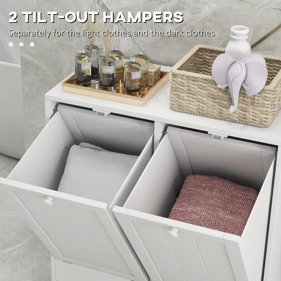 Tilt-out Laundry Storage Cabinet with 2 Compartment Hampers, White view 3