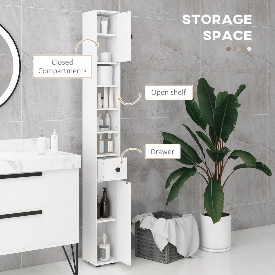 71" Small Bathroom Storage Cabinet, Narrow Toilet Paper Cabinet with Open Shelves, 2 Cabinets, Adjustable Shelves, White view 3
