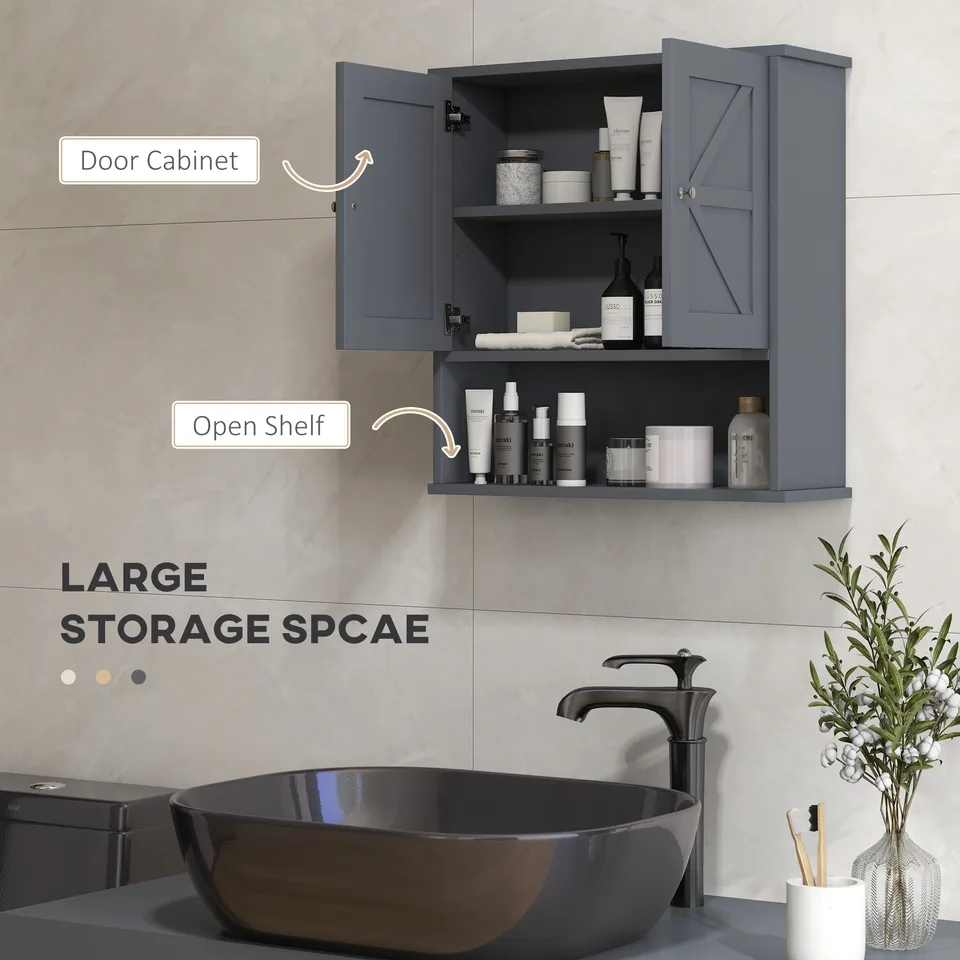 Farmhouse Bathroom Medicine Cabinet, Wall Cabinet with Barn Doors and Adjustable Shelf for Laundry Room, Gray view 2