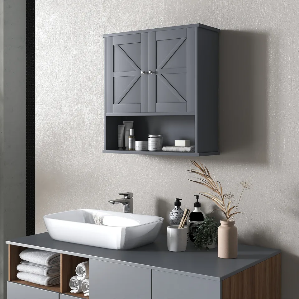 Farmhouse Bathroom Medicine Cabinet, Wall Cabinet with Barn Doors and Adjustable Shelf for Laundry Room, Gray