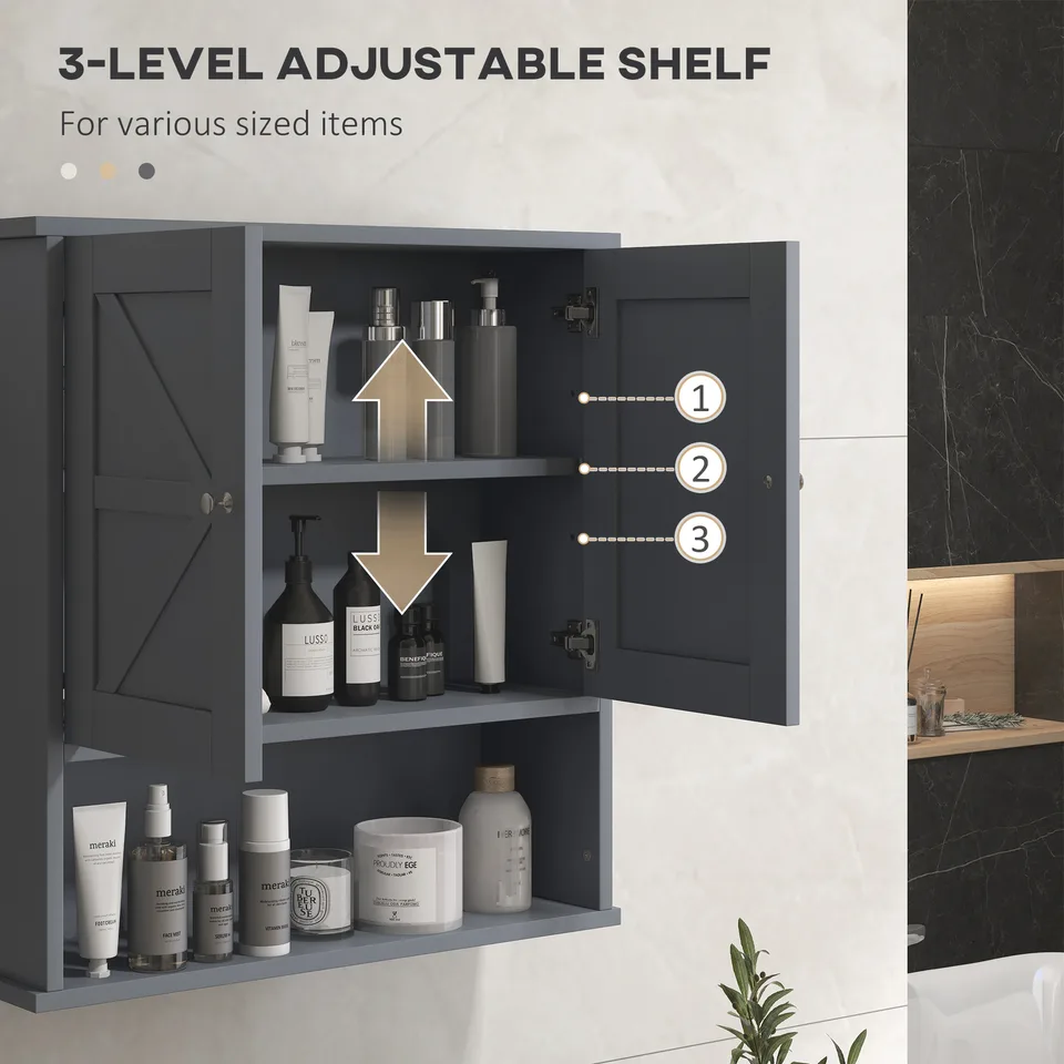 Farmhouse Bathroom Medicine Cabinet, Wall Cabinet with Barn Doors and Adjustable Shelf for Laundry Room, Gray view 4