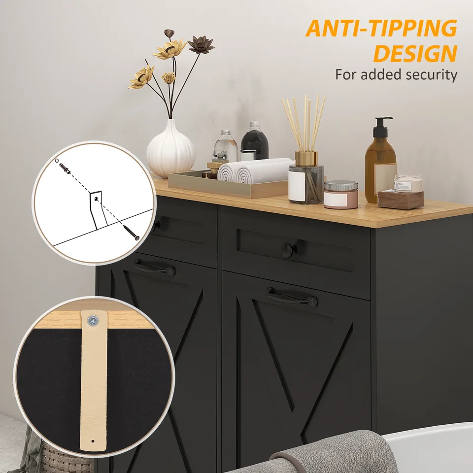 Tilt Out Laundry Hamper Cabinet, Bathroom Storage Cabinet with 2 Removable Baskets and 2 Drawers, Black view 2
