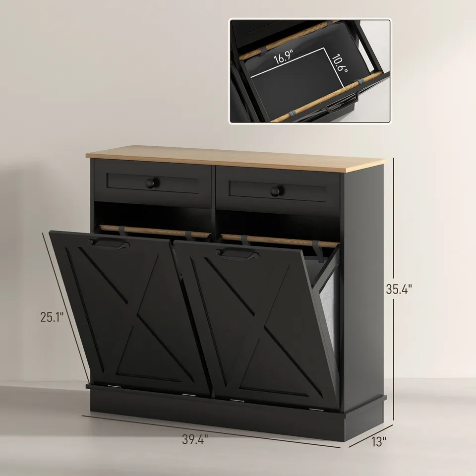 Tilt Out Laundry Hamper Cabinet, Bathroom Storage Cabinet with 2 Removable Baskets and 2 Drawers, Black view 3