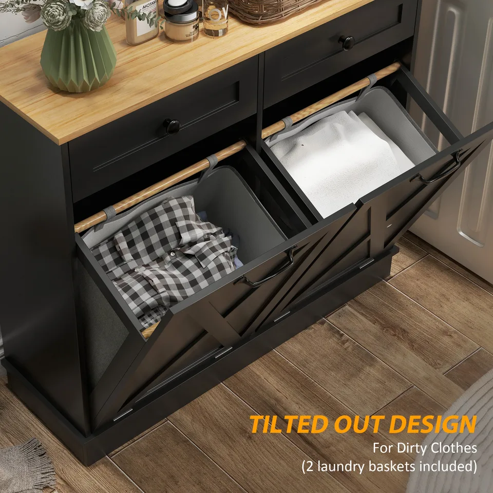 Tilt Out Laundry Hamper Cabinet, Bathroom Storage Cabinet with 2 Removable Baskets and 2 Drawers, Black view 4