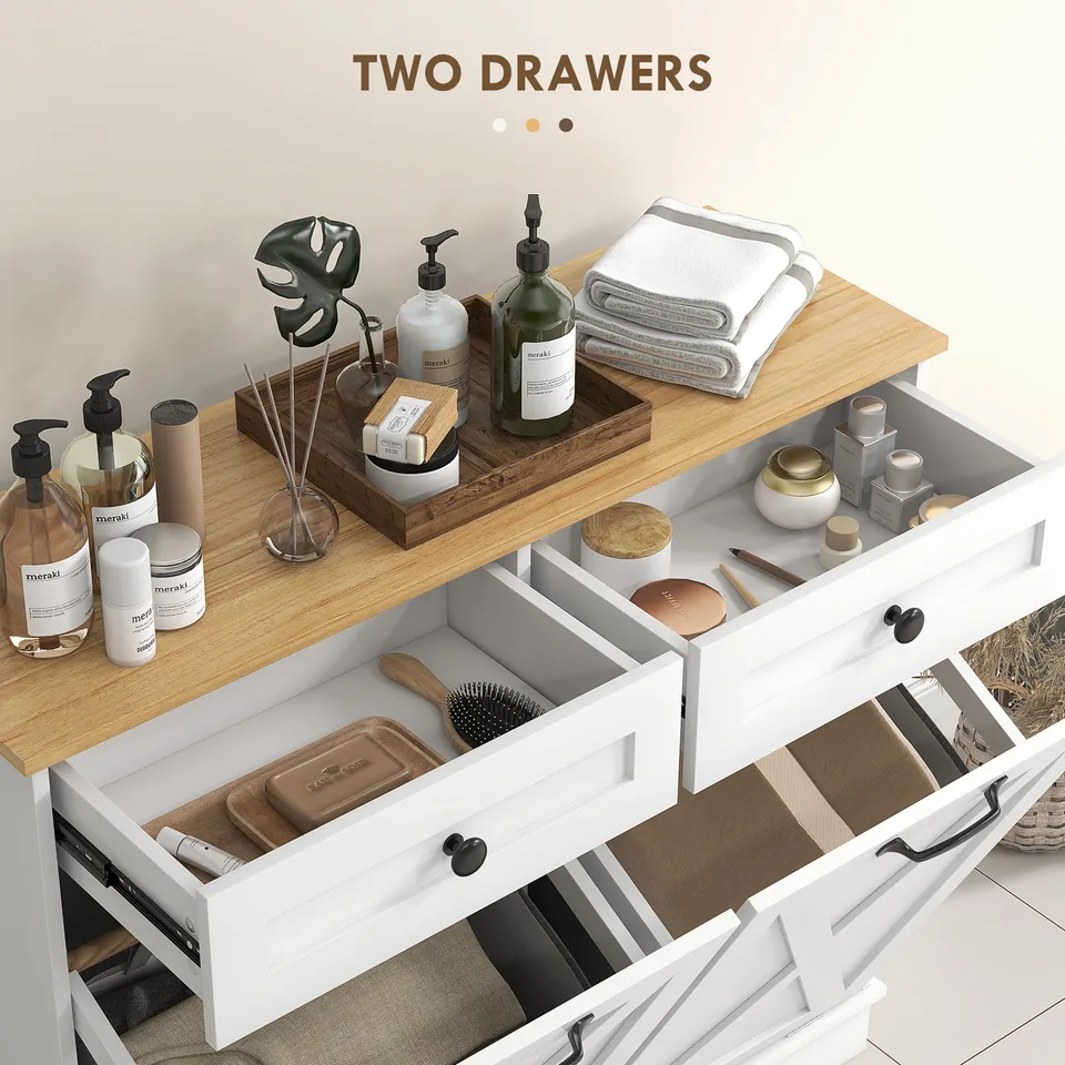 Tilt Out Laundry Hamper Cabinet, Bathroom Storage Cabinet with 2 Removable Baskets and 2 Drawers, White view 3