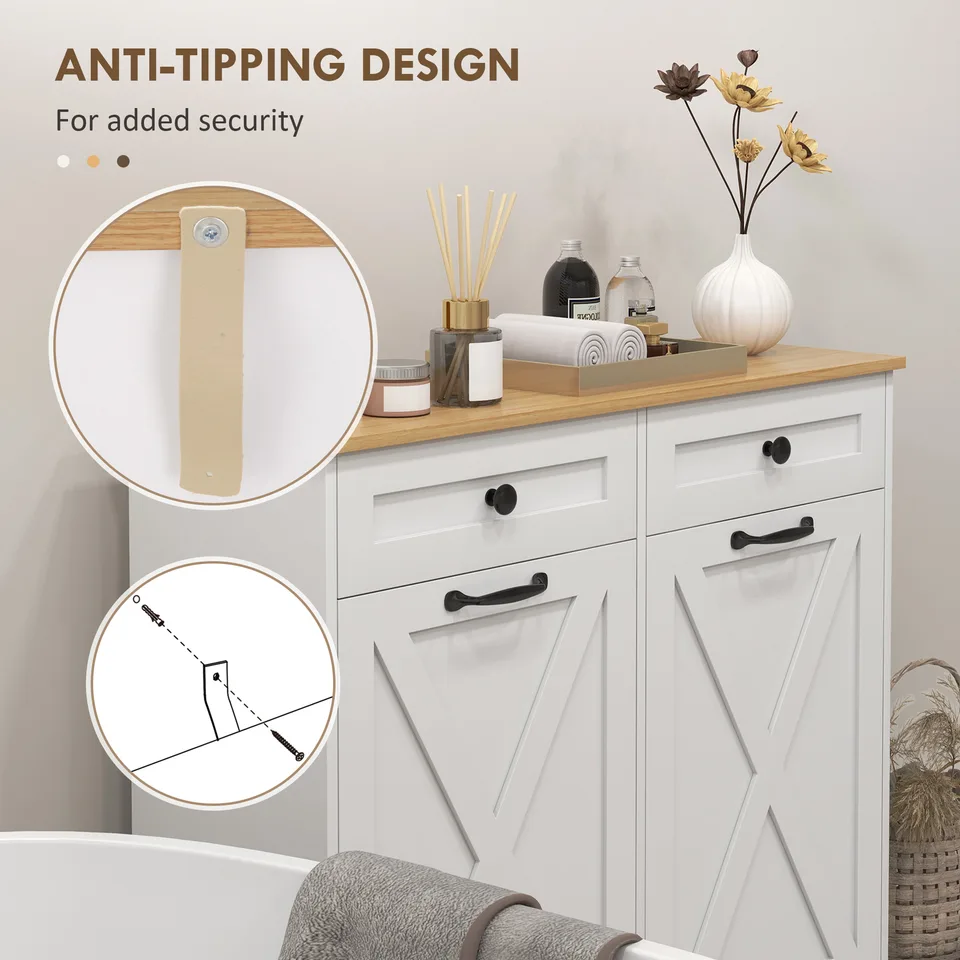Tilt Out Laundry Hamper Cabinet, Bathroom Storage Cabinet with 2 Removable Baskets and 2 Drawers, White view 2