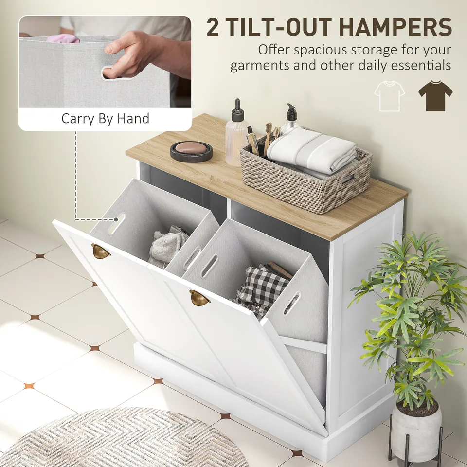 Dual Tilt out Laundry Hamper Cabinet with 2 Removable Basket, Modern Bathroom Storage Cabinet with Shaker Doors and Handles, White view 4