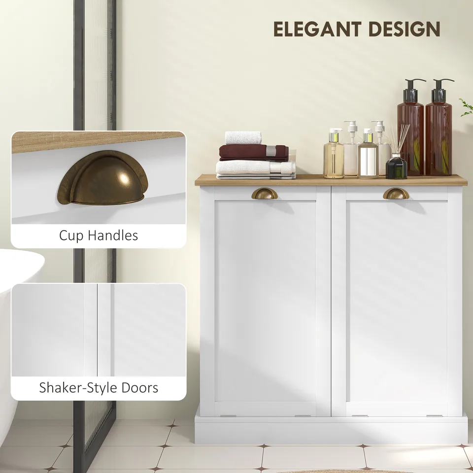 Dual Tilt out Laundry Hamper Cabinet with 2 Removable Basket, Modern Bathroom Storage Cabinet with Shaker Doors and Handles, White view 2