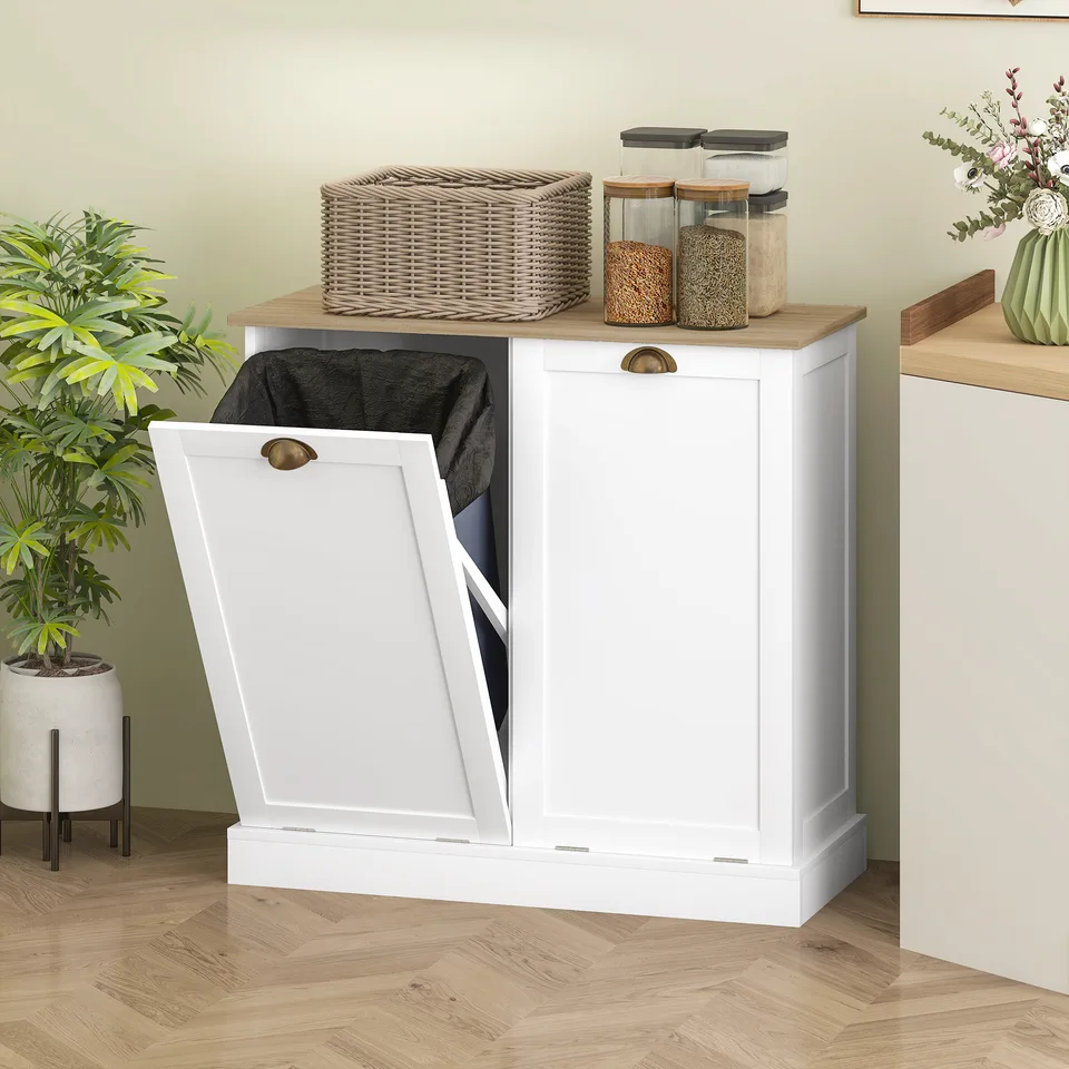Dual Tilt out Laundry Hamper Cabinet with 2 Removable Basket, Modern Bathroom Storage Cabinet with Shaker Doors and Handles, White view 3