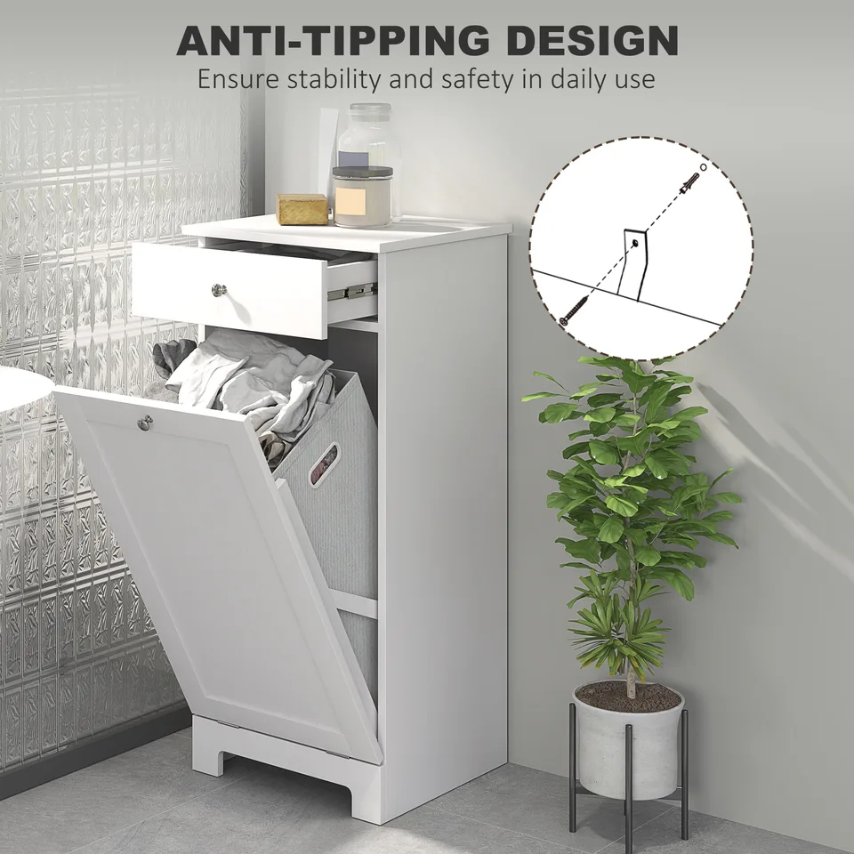 Laundry Hamper Cabinet, Laundry Cabinet with Tilt Out Laundry Basket and Drawer, White view 2