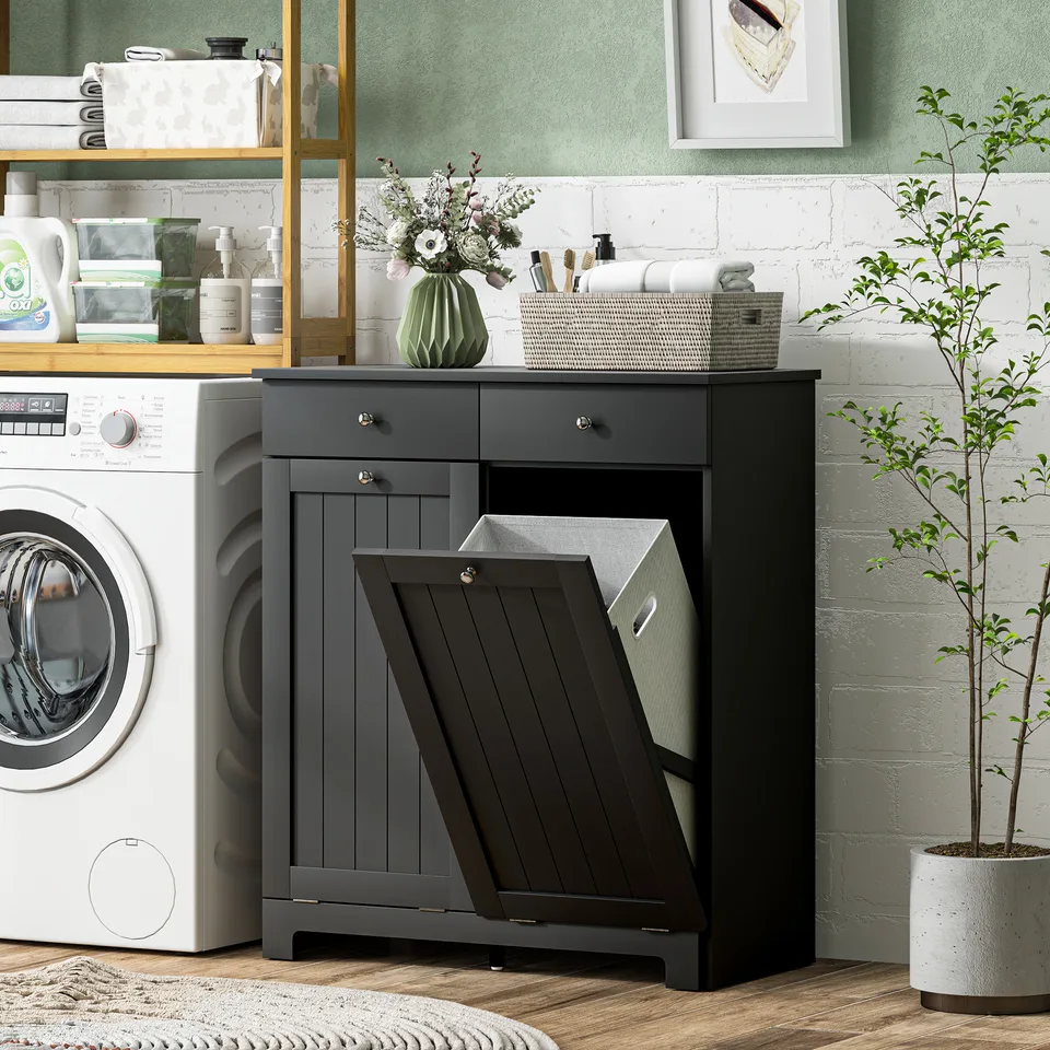 Laundry Hamper Cabinet, Laundry Cabinet with 2 Tilt Out Laundry Baskets and 2 Drawers, Black