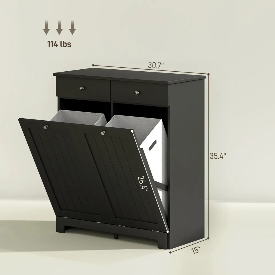 Laundry Hamper Cabinet, Laundry Cabinet with 2 Tilt Out Laundry Baskets and 2 Drawers, Black view 3