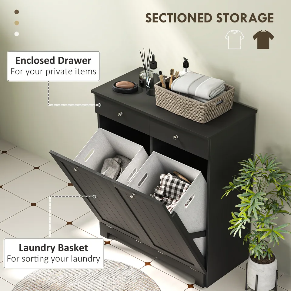 Laundry Hamper Cabinet, Laundry Cabinet with 2 Tilt Out Laundry Baskets and 2 Drawers, Black view 4