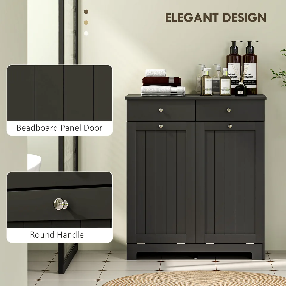 Laundry Hamper Cabinet, Laundry Cabinet with 2 Tilt Out Laundry Baskets and 2 Drawers, Black view 2