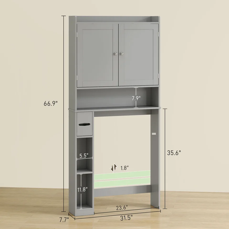 Modern Over the Toilet Storage Cabinet with 2 Doors, Above Commode Storage Cabinet with Toilet Paper Holder, Gray view 3