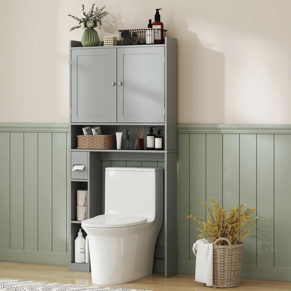 Modern Over the Toilet Storage Cabinet with 2 Doors, Above Commode Storage Cabinet with Toilet Paper Holder, Gray view 2