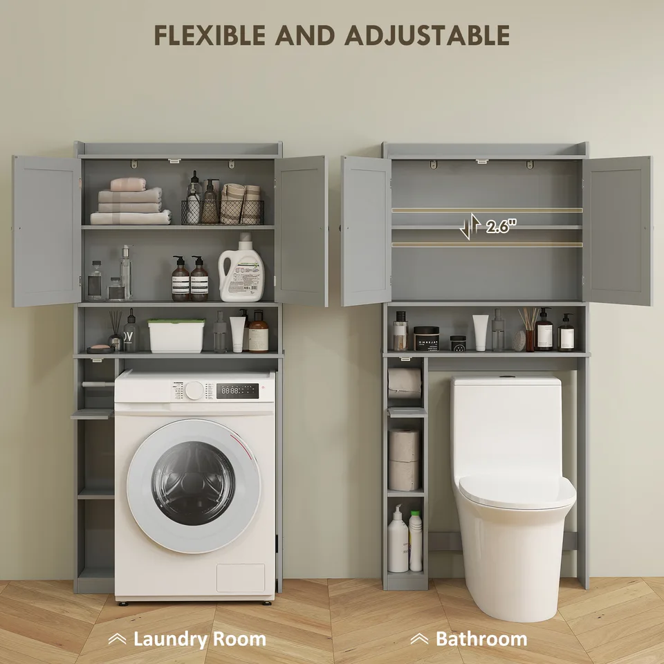 Modern Over the Toilet Storage Cabinet with 2 Doors, Above Commode Storage Cabinet with Toilet Paper Holder, Gray view 4