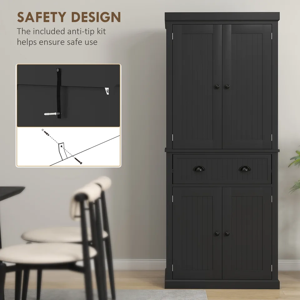 72" Kitchen Pantry Storage Cabinet, Cupboard with 4 Doors and 3 Adjustable Shelves, Large Central Drawer, Black view 3