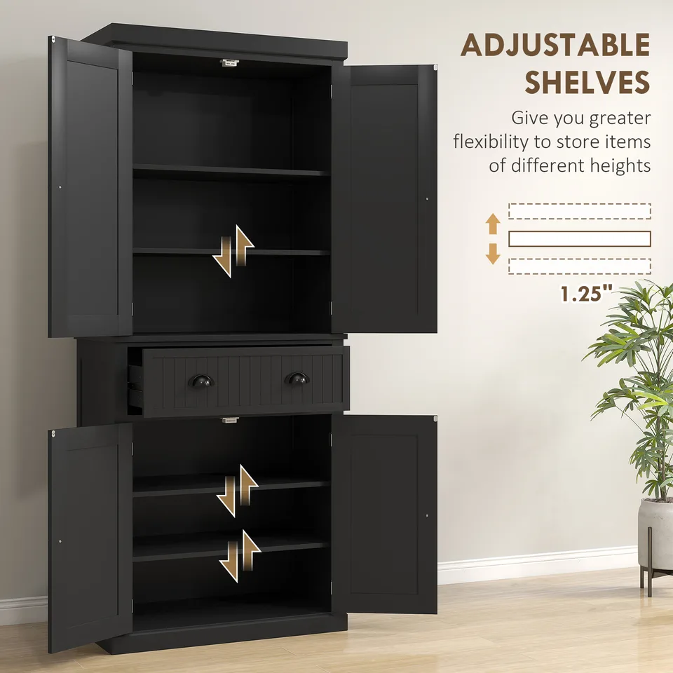 72" Kitchen Pantry Storage Cabinet, Cupboard with 4 Doors and 3 Adjustable Shelves, Large Central Drawer, Black view 4