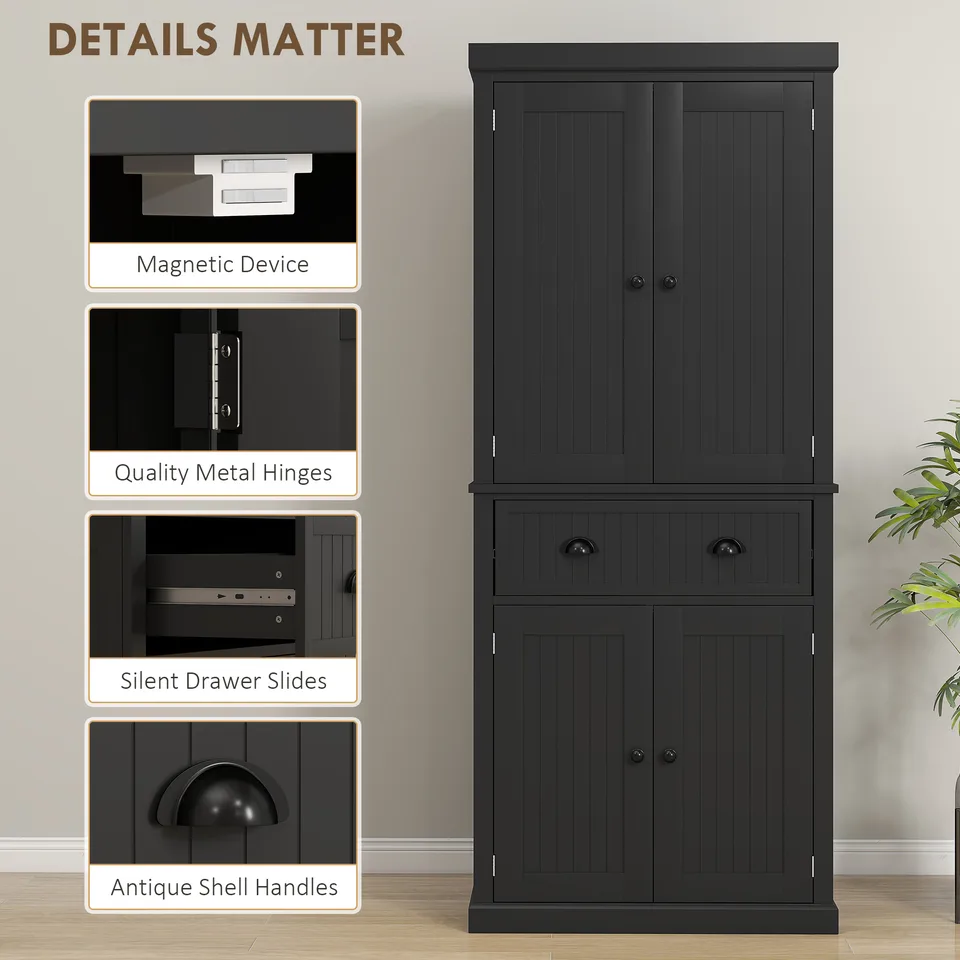 72" Kitchen Pantry Storage Cabinet, Cupboard with 4 Doors and 3 Adjustable Shelves, Large Central Drawer, Black view 2