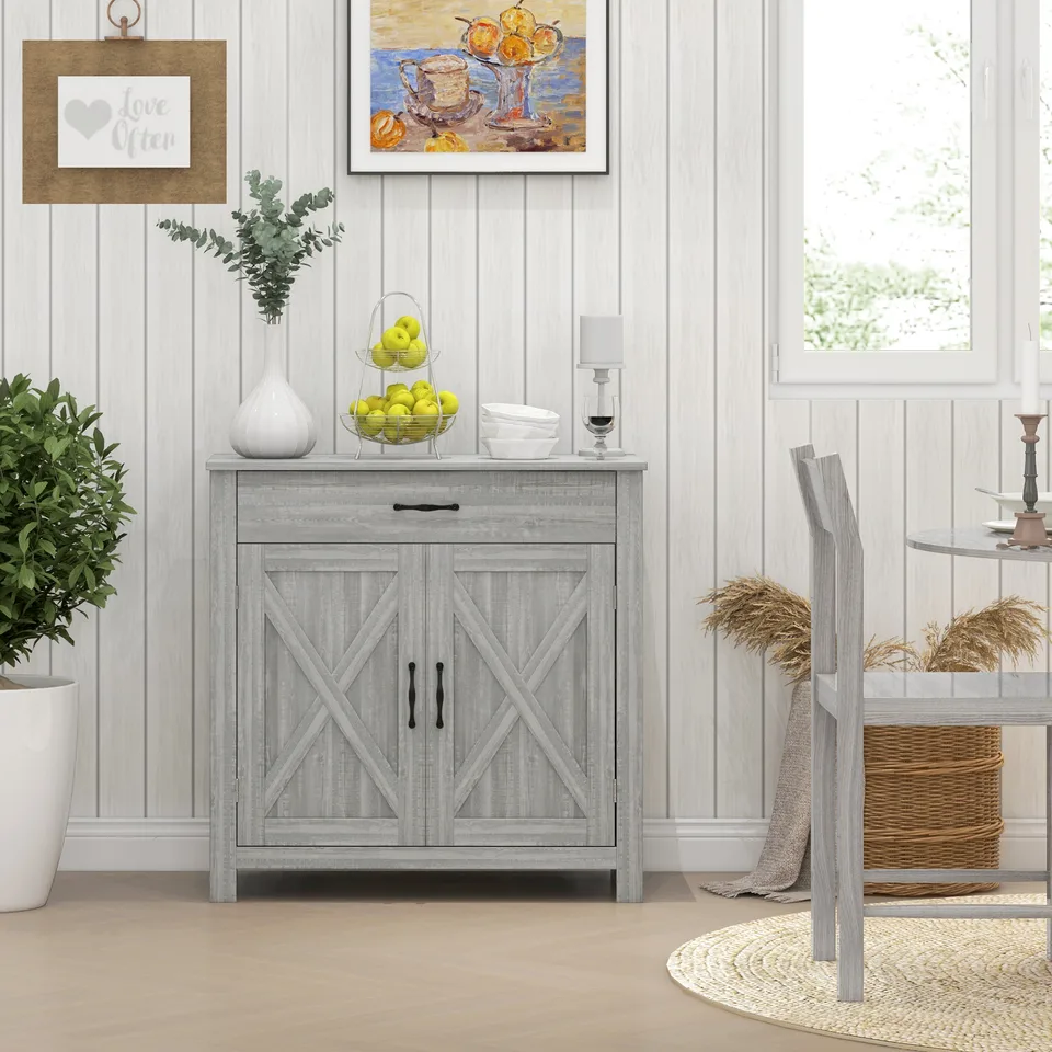 Farmhouse Sideboard Cabinet with Barn Doors Kitchen Buffet Cabinet with Drawer and Adjustable Shelf Stone Gray