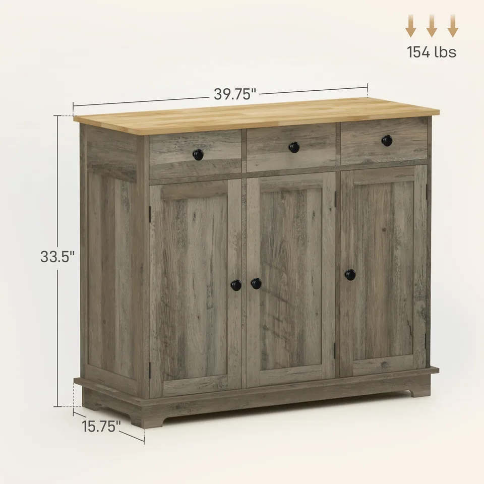 Kitchen Storage Cabinet, Sideboard Floor Cupboard with Solid Wood Top, Adjustable Shelf, and 3 Drawers, Distressed Gray view 2