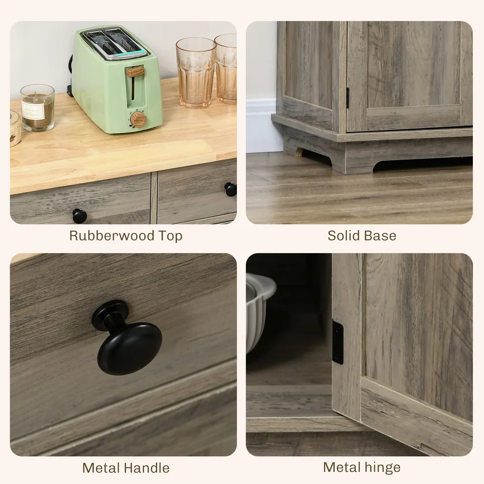 Kitchen Storage Cabinet, Sideboard Floor Cupboard with Solid Wood Top, Adjustable Shelf, and 3 Drawers, Distressed Gray view 4