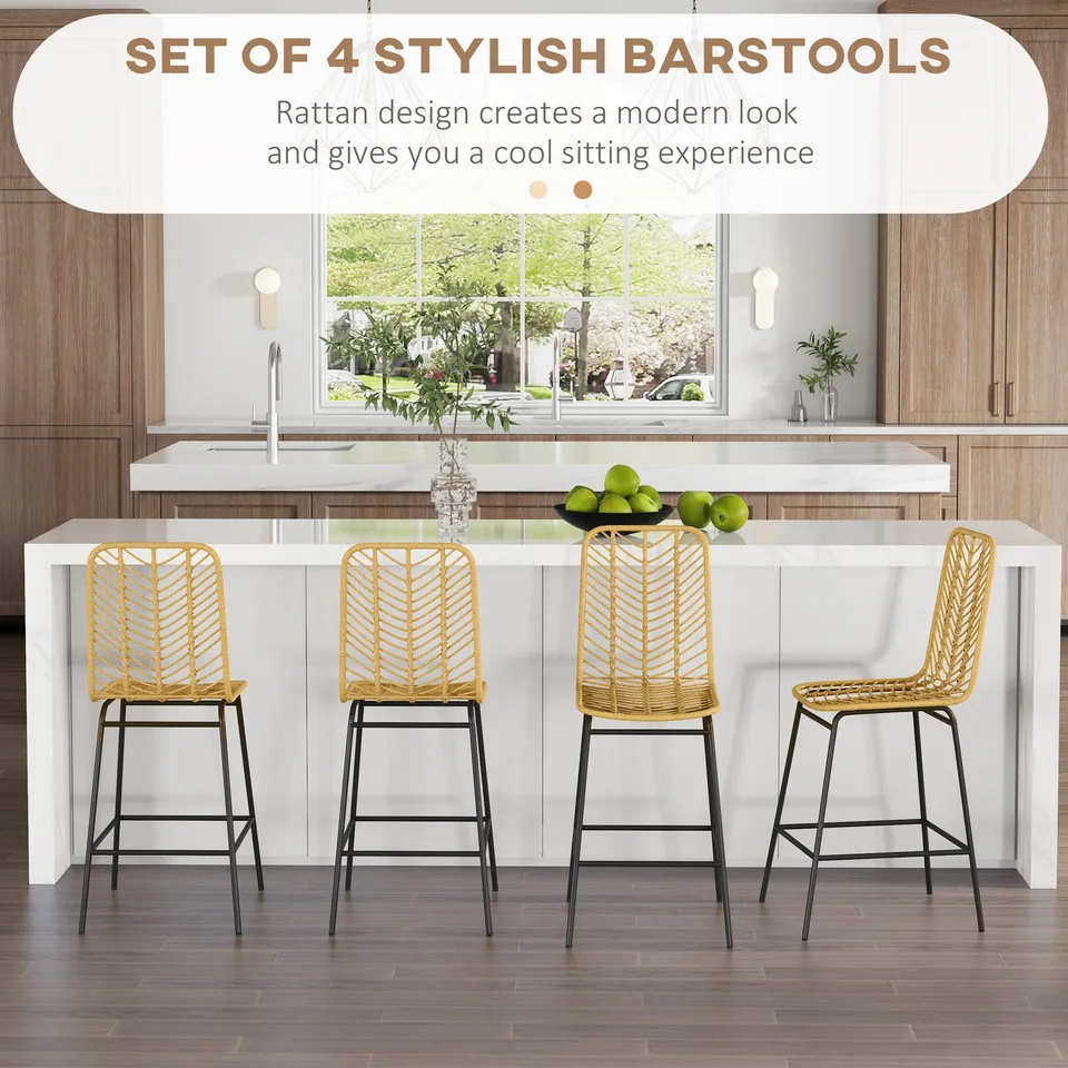 Set of 4 Rattan Barstools Wicker Counter Stools with Steel Legs and Footrest for Dining Room Kitchen Pub Yellow view 2