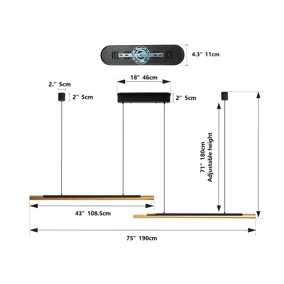 75-inch Modern Black And Gold LED Pendant Light, Adjustable Hanging Light For Dining Room, Kitchen, Living Room Sleek Dual Tube Design view 2