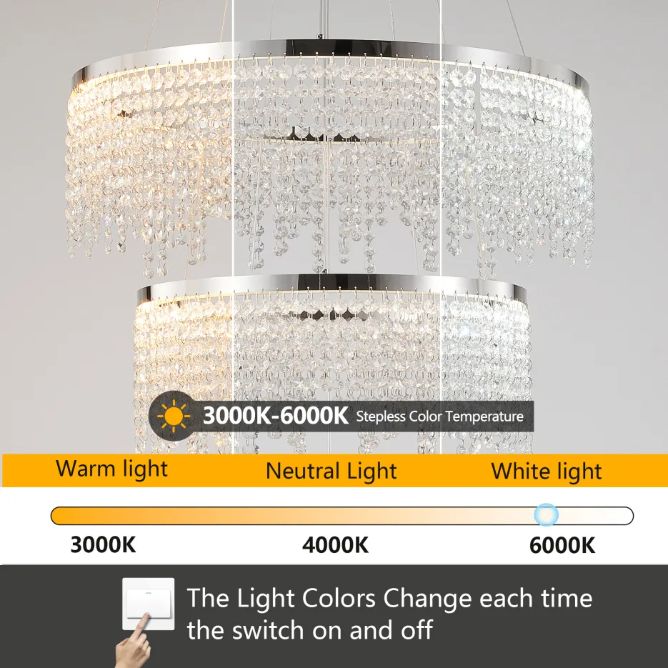 24-inch Crystal Chandelier LED Ceiling Lamp, Adjustable Color Temperature 3000K 4000K 6000K, Height Adjustable, Luxury Round Chandelier, Suitable For Living Room, Dining Room, Bedroom view 4
